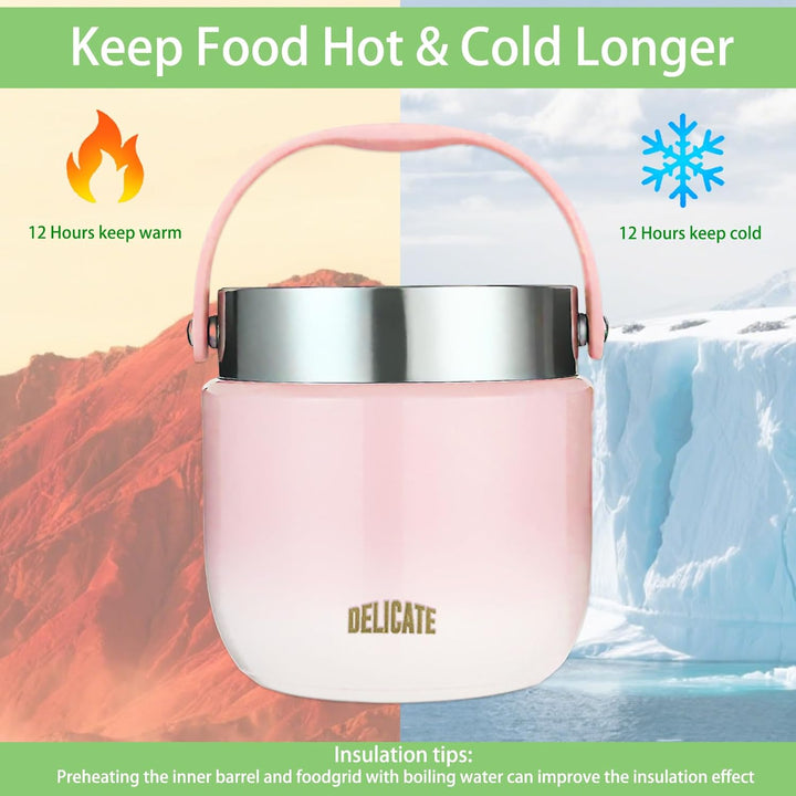 Thermobehälter für Essen 1200ml Edelstahl Warmhaltebehälter mit Faltbaren Löffel Thermobecher Essen