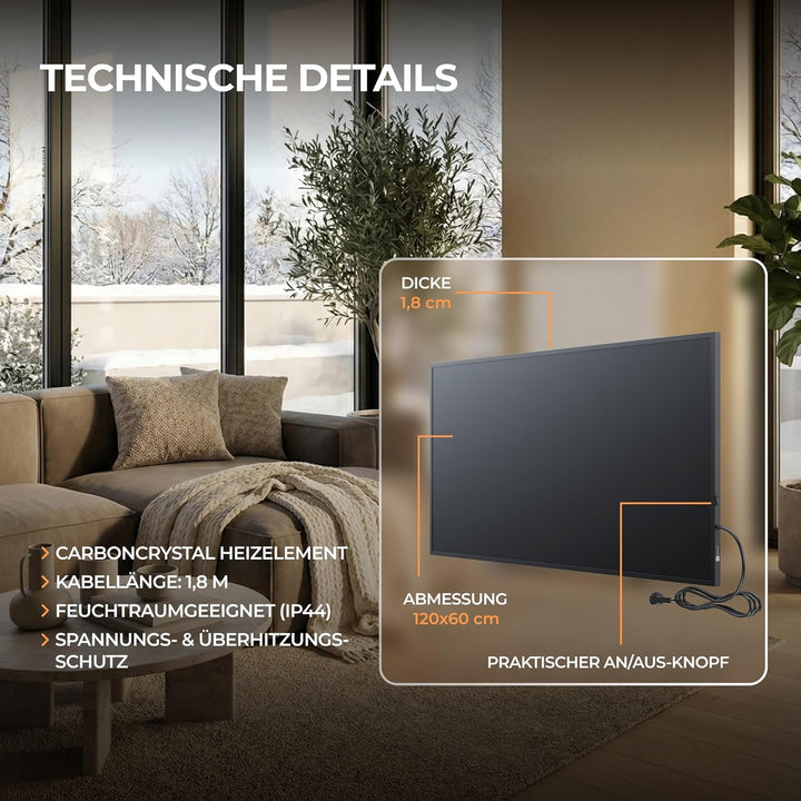 BR Bringer Infrarotheizung 1000 Watt, schwarz - mit Steck-Thermostat - Infrarot Elektroheizung Energ