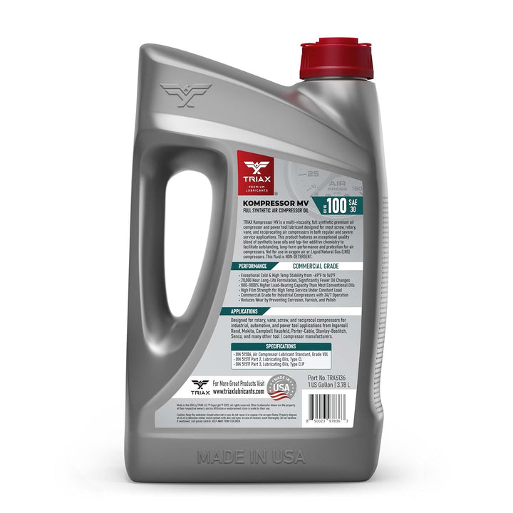 TRIAX Kompressor MV ISO100 (SAE30) – Vollsynthetisches Kompressor‑Öl, Non Detergent – Hohe Temperatu