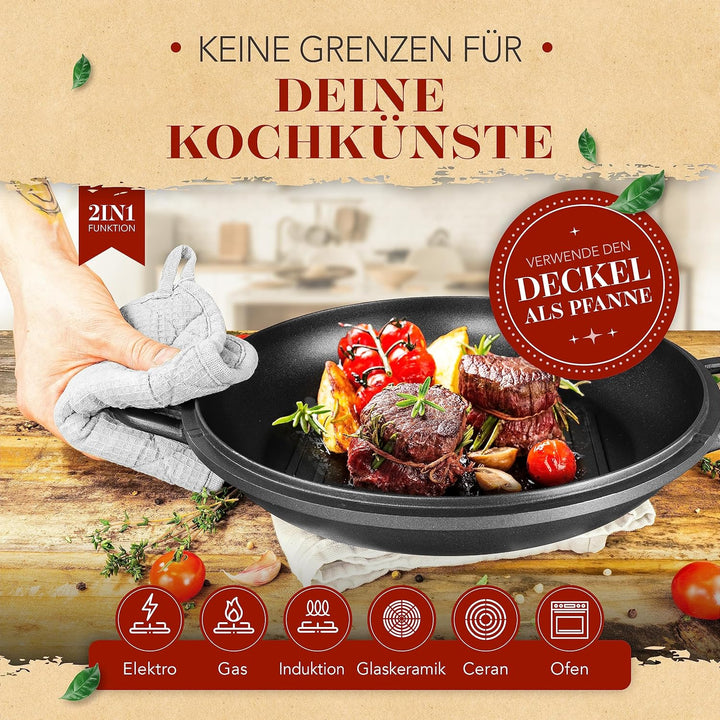 KRUSTENZAUBER 28cm Aluguss Bräter mit Deckel backofengeeignet [inkl. Glasdeckel] - 6L Aluminium Schm