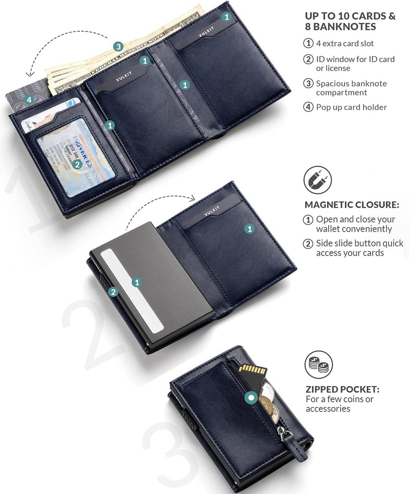 VULKIT Kreditkartenetui RFID-blockierende Pop-Up-Kartentasche aus Echtem Leder mit Geldscheinfach, A