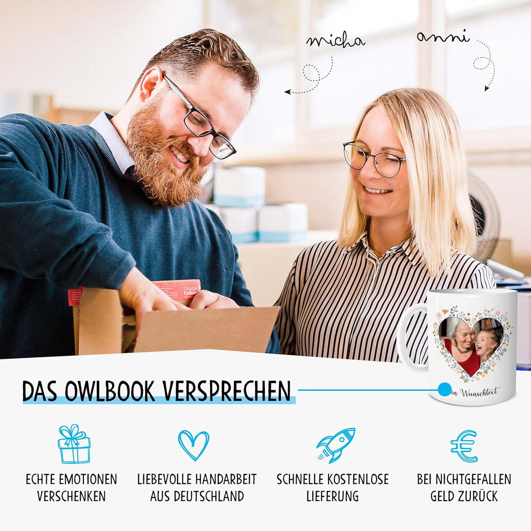 OWLBOOK® Personalisierte Tasse mit 2 Fotos & Spruch selbst gestalten | Fototasse mit eigenem Bild &