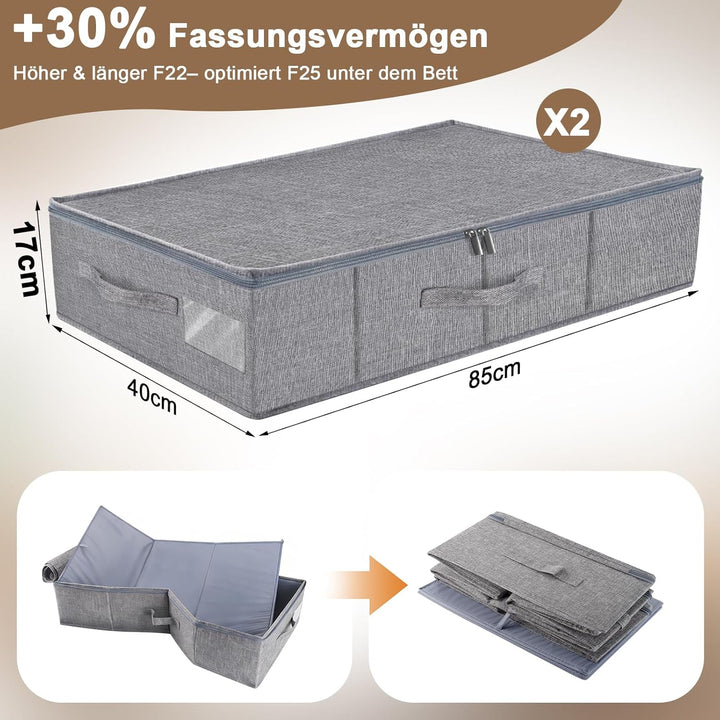 2er Set Unterbett Aufbewahrungsbox 17cm Hoch - Unterbettkommode mit Decke aus Leinenmaterial, 3 Grif