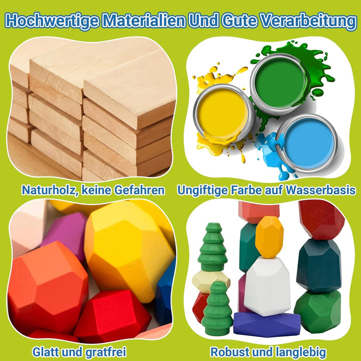 RunHero 58 Stück Stapelsteine Balanciersteine Montessori Holz Bauklötze Spielzeug für Kinder Stapelt