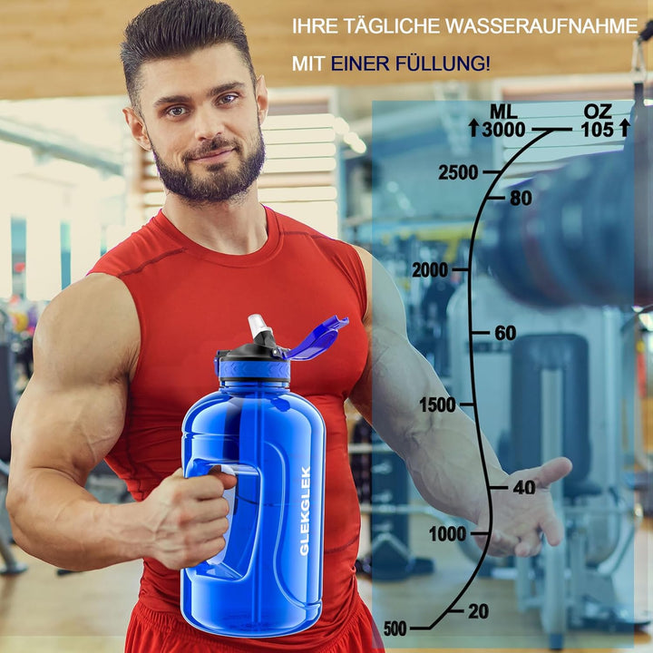 3 Liter Trinkflasche mit Strohhalm Uhrzeit Zeitmarkierung Gym Flasche BPA Frei für Sport Fitness (Du