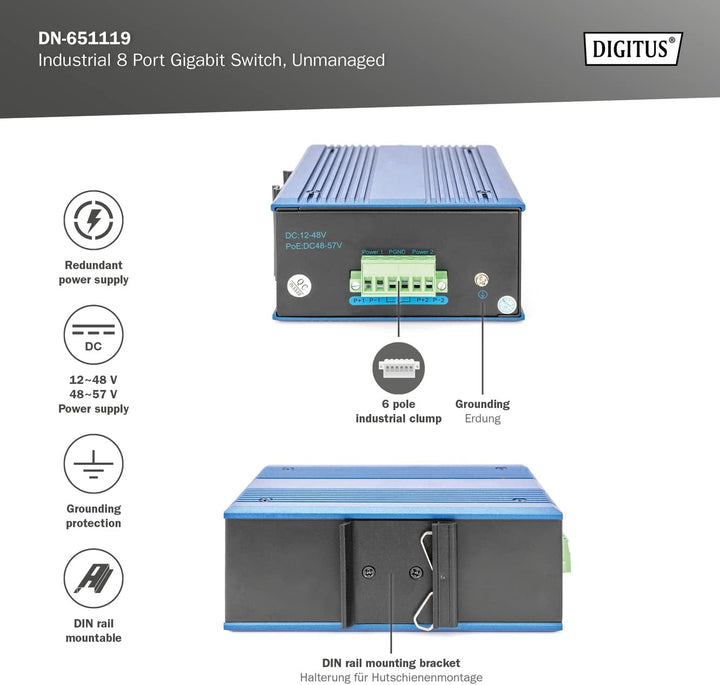 DIGITUS Netzwerk-Switch - 8-Port Gigabit Ethernet - DIN-Rail Montage - Klemmleiste - Lüfterlos - Sch