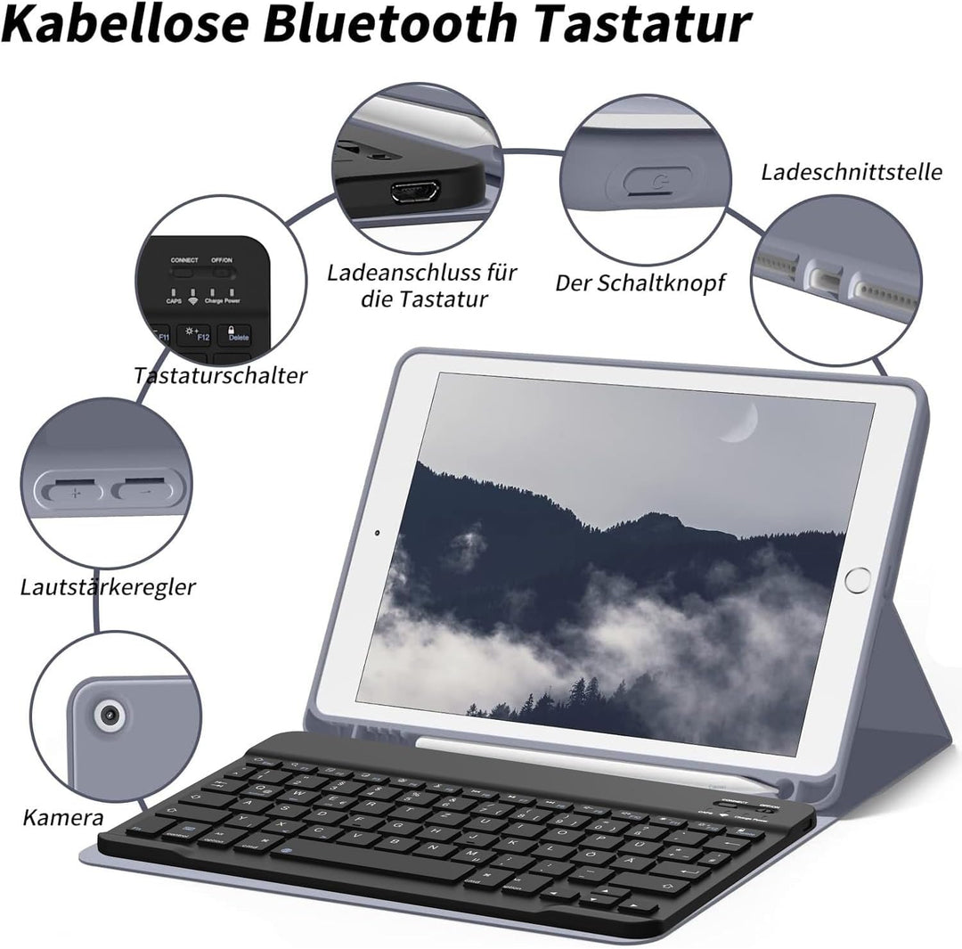 aoub Hülle mit Tastatur für iPad 9./8./ 7. Generation, Kabellose QWERTZ Tastatur Hülle mit Stifthalt