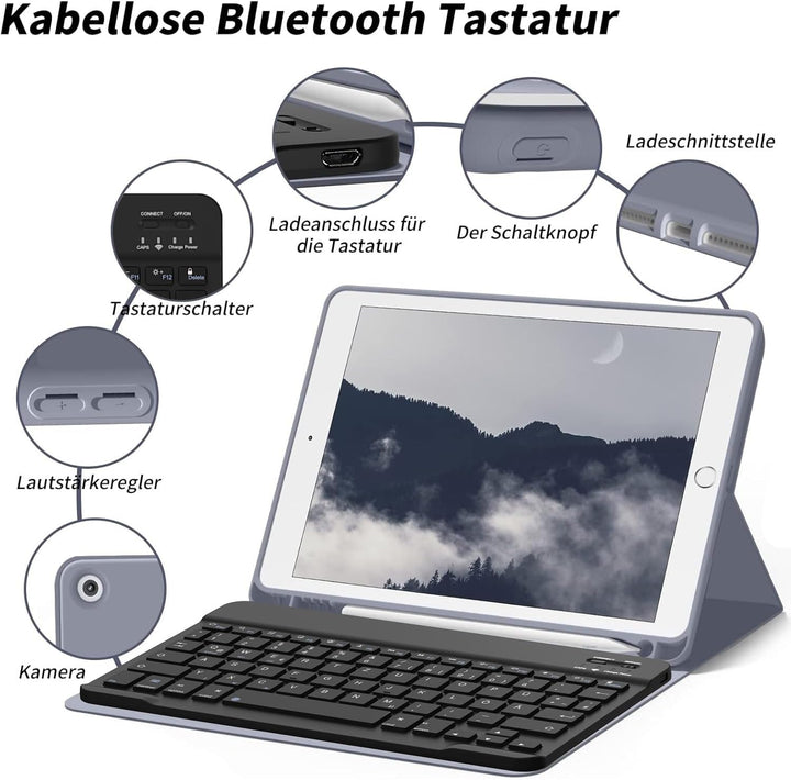 aoub Hülle mit Tastatur für iPad 9./8./ 7. Generation, Kabellose QWERTZ Tastatur Hülle mit Stifthalt