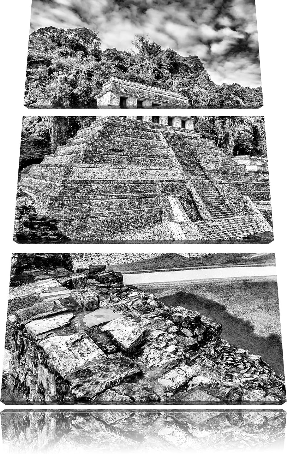 Pixxprint Maya Pyramiden aus Palenque / 3-Teilig/Gesamtmass 120cm Leinwandbild bespannt auf Holzrahm