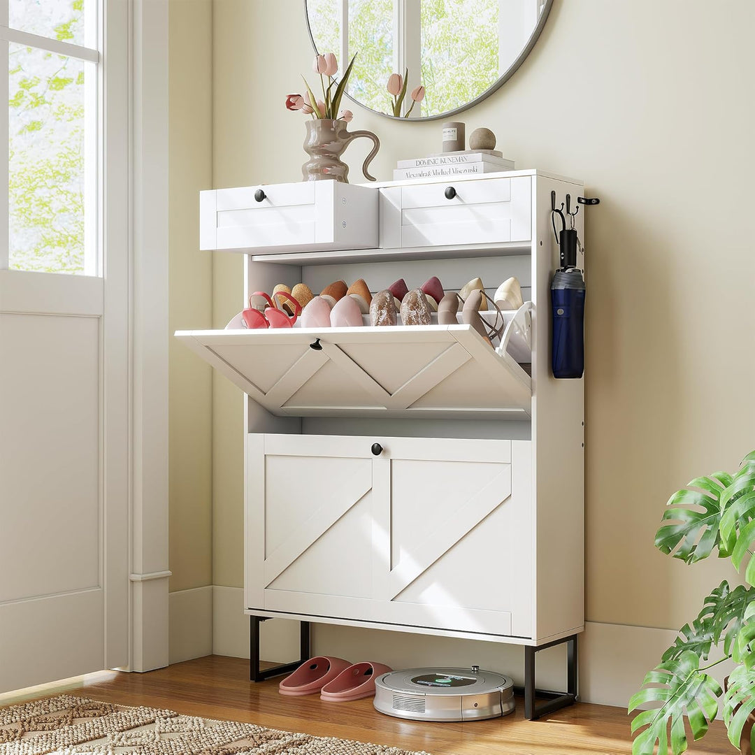 4 Ebenen Schuhschrank mit 2 Klappen und 2 Schubladen, Schmaler Schrank mit anpassbarem Fach und Umki