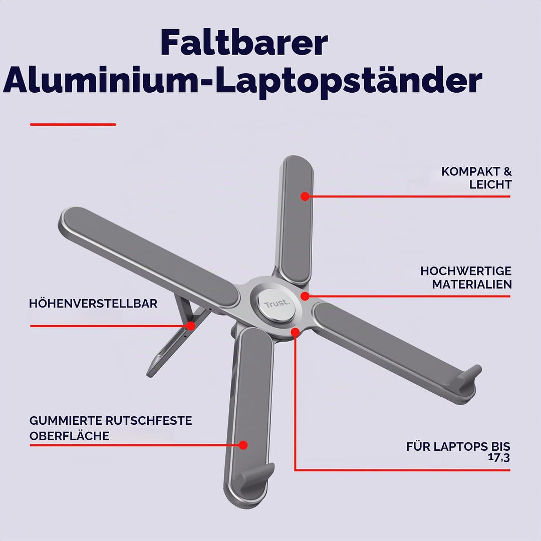 Trust Macy Faltbarer Laptop Ständer 17.3 Zoll, Aluminium Klappbarer Laptop Halter, In 7 Stufen Höhen