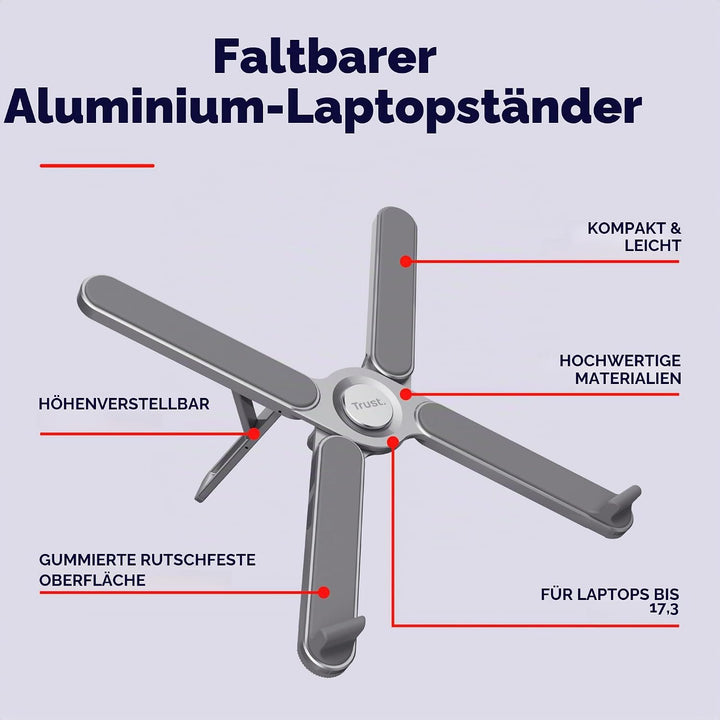 Trust Macy Faltbarer Laptop Ständer 17.3 Zoll, Aluminium Klappbarer Laptop Halter, In 7 Stufen Höhen