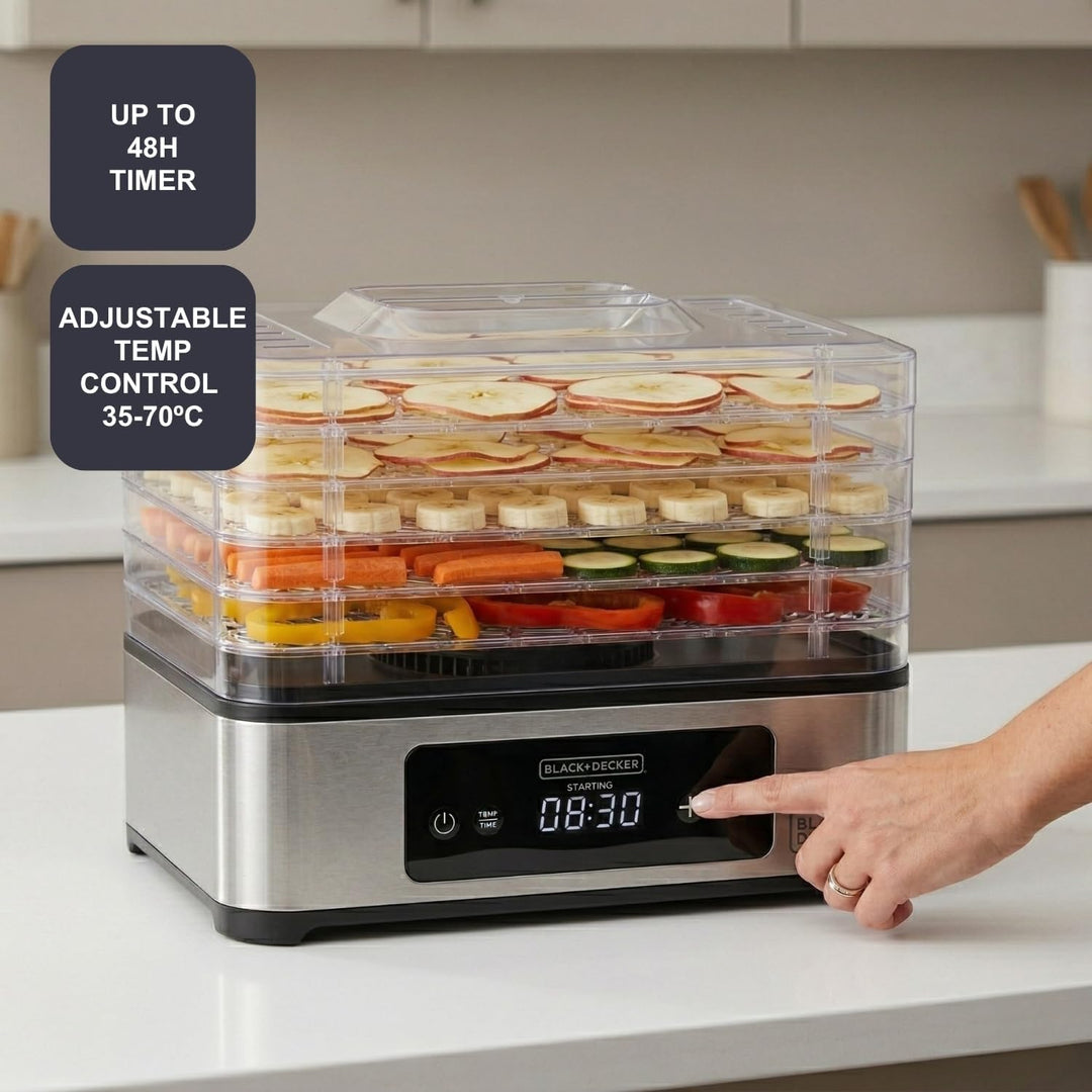Black+Decker - Dörrgerät für Lebensmittel 400 W | 5 transparente Einschübe 29x21 cm | Digital-Touch