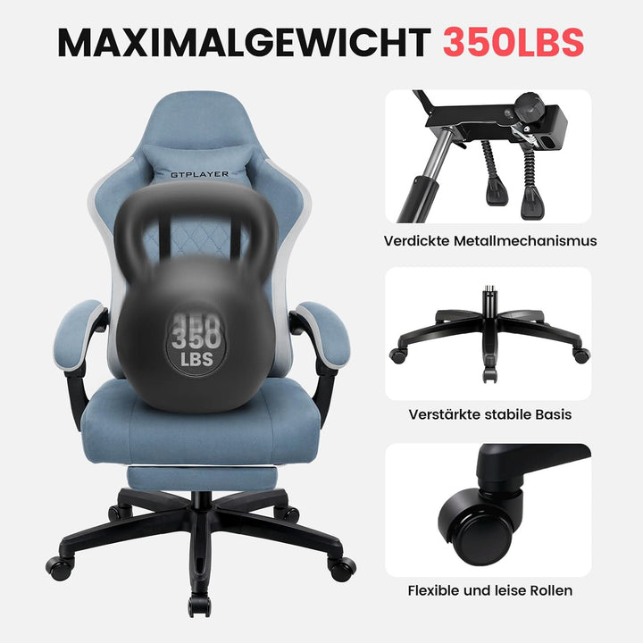 GTPLAYER Gaming Stuhl Stoff, Gaming Sessel mit Taschenfederkissen, ergonomischer Drehstuhl, Gamer St