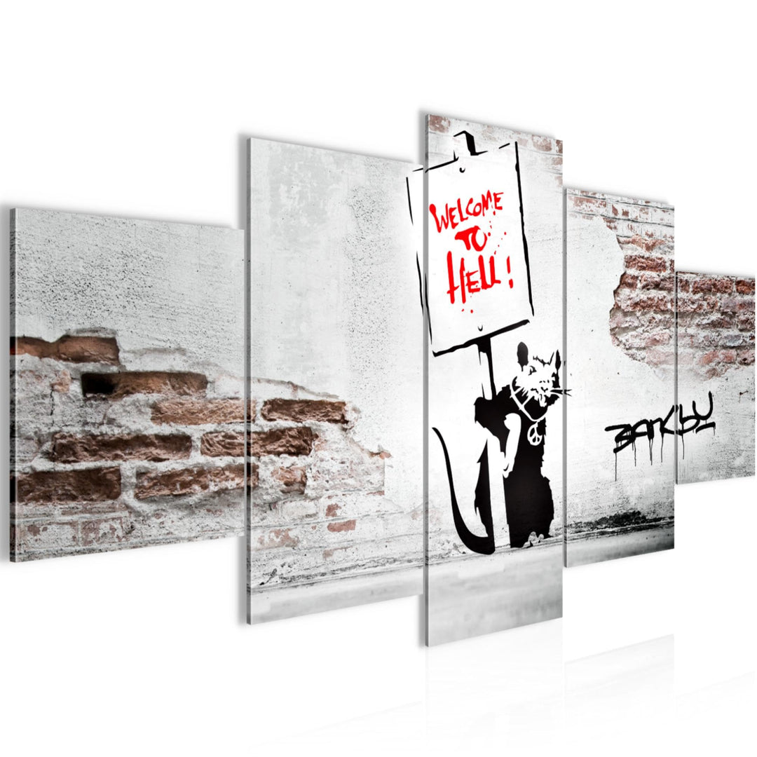Runa Art Wandbilder Banksy Graffiti Zitat Ratte mit Shild 5 Teilig Bild auf Vlies Leinwand Deko Loft