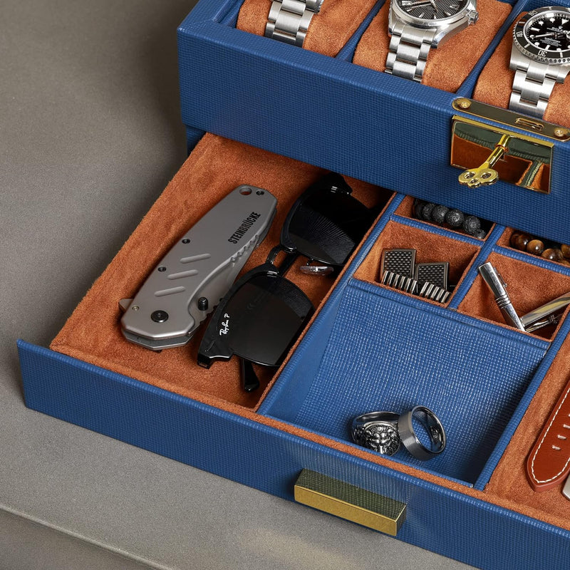 ROTHWELL Uhrenbox aus Leder, 10 Fächer, Luxus-Uhrenetui mit Schublade, abschliessbarer Schmuck-Uhren