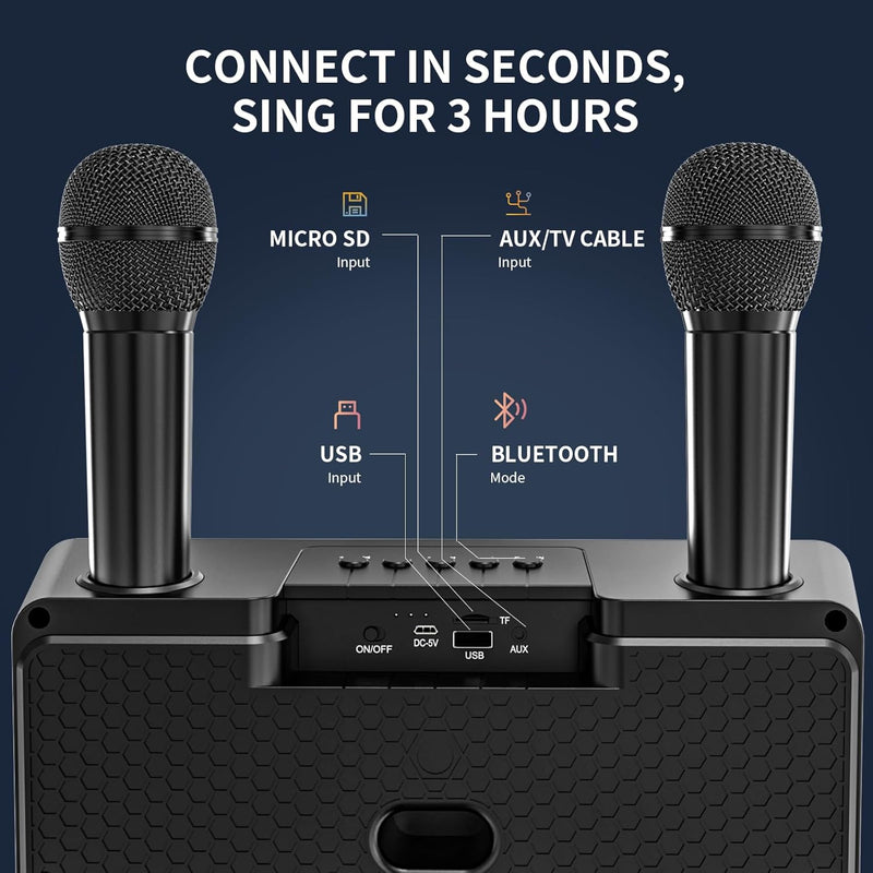Karaoke Machine for Adults and Kids with 2 UHF Wireless Microphones, Portable Bluetooth Singing Spea