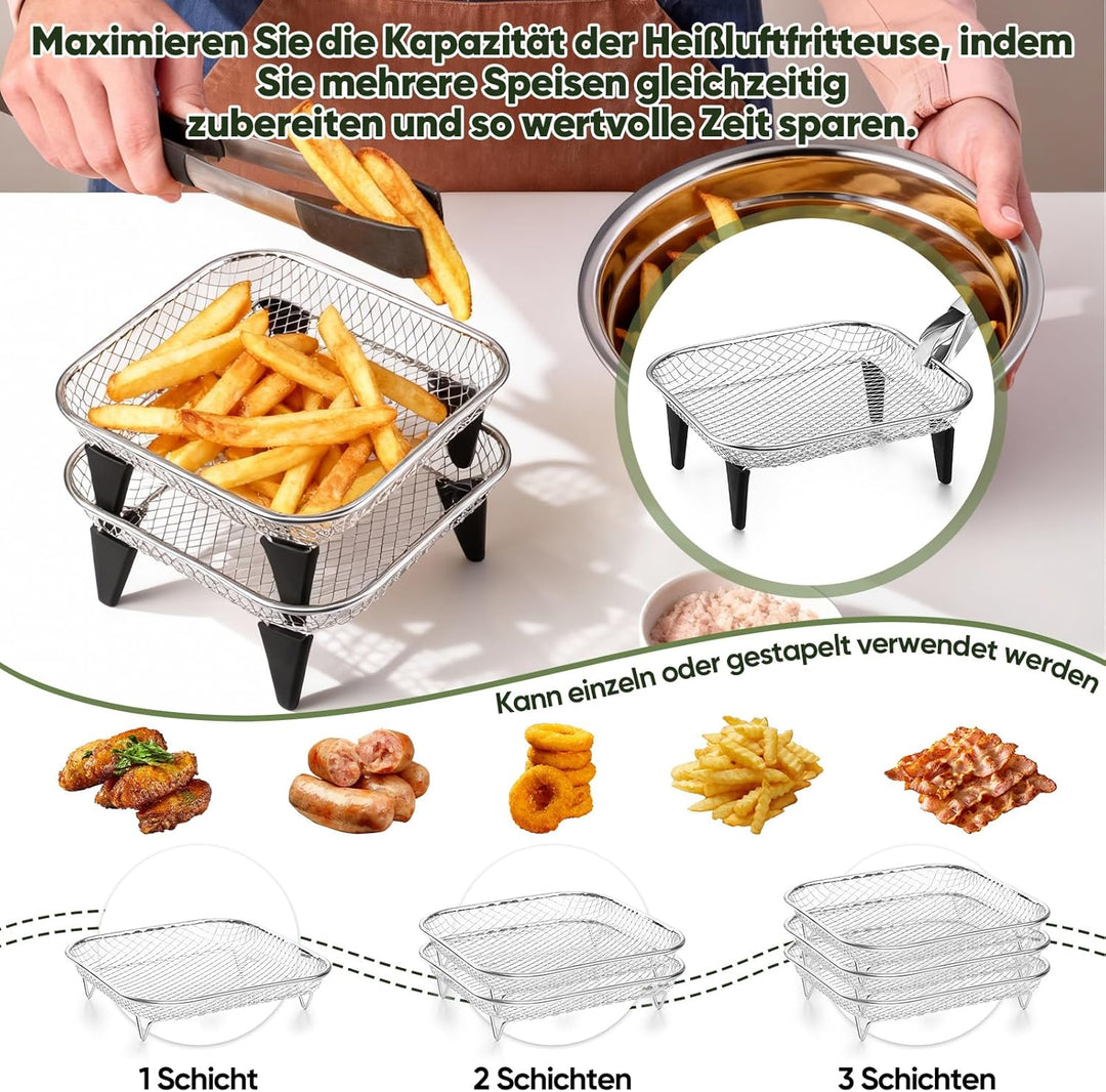 Homikit Heissluftfritteuse Zubehör, 3 Lagiges Stapelbar Edelstahl Grillrost Airfryer Zubehör mit 8 S