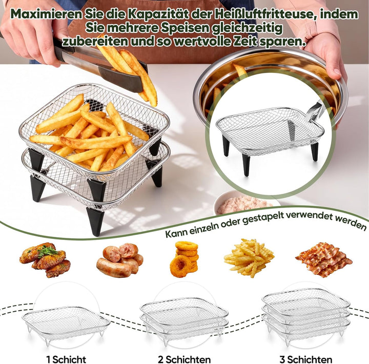 Homikit Heissluftfritteuse Zubehör, 3 Lagiges Stapelbar Edelstahl Grillrost Airfryer Zubehör mit 8 S