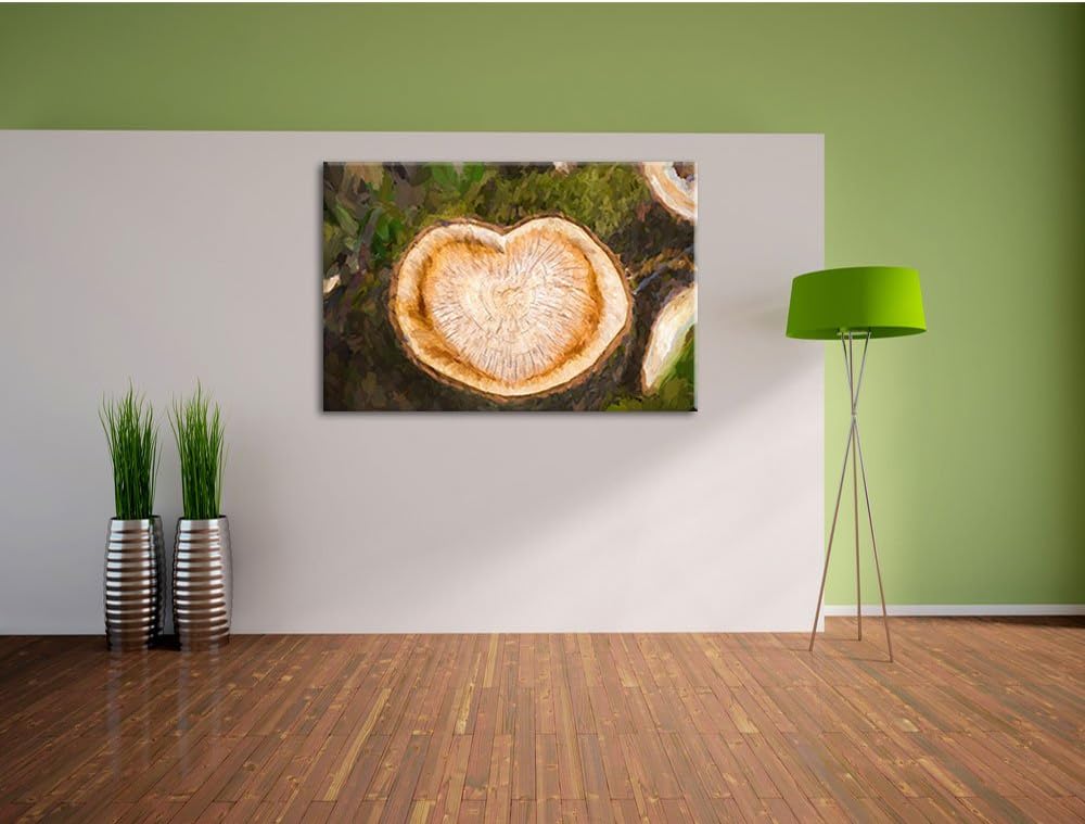 Pixxprint Herzförmige Jahresringe am Baumstamm Kunst Pinsel Effekt, Format: 100x70 auf Leinwand, rie