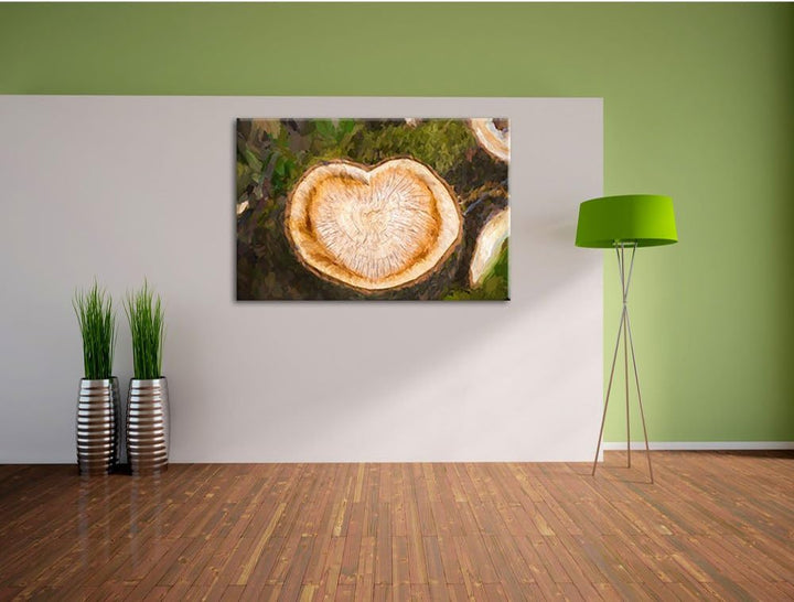 Pixxprint Herzförmige Jahresringe am Baumstamm Kunst Pinsel Effekt, Format: 100x70 auf Leinwand, rie