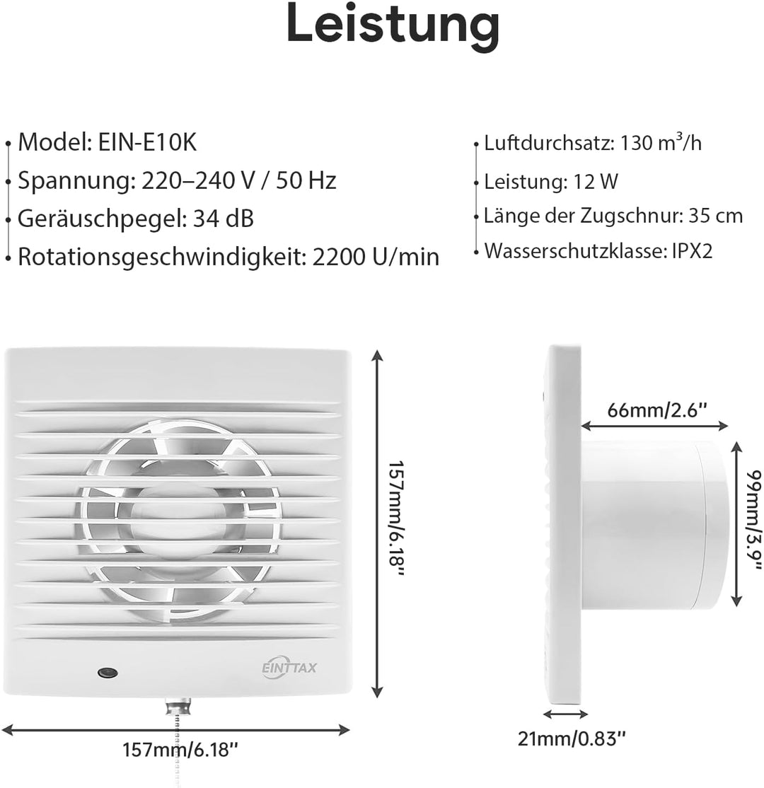 Badlüfter 100mm Abluftventilator Küche mit Zugkordel, 135m³/h Wasserdicht Badlüfter mit Rückstauklap