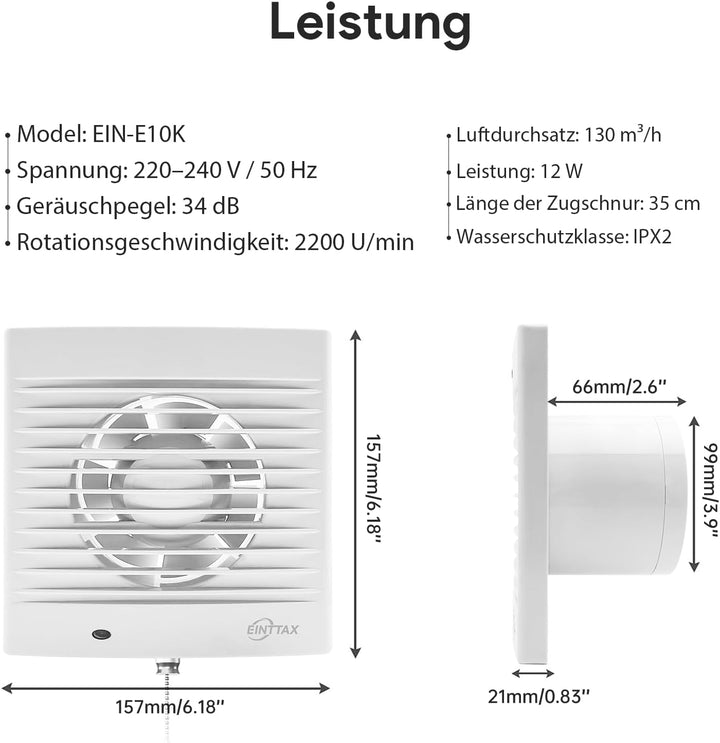 Badlüfter 100mm Abluftventilator Küche mit Zugkordel, 135m³/h Wasserdicht Badlüfter mit Rückstauklap