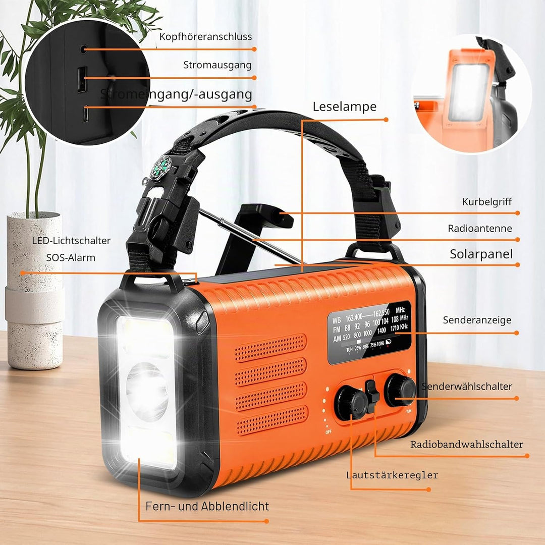 Notfall-Solar-Kurbelradio mit 20.000 mAh, AM/FM NOAA tragbares Wetterradio mit USB-Aufladung, Handy-