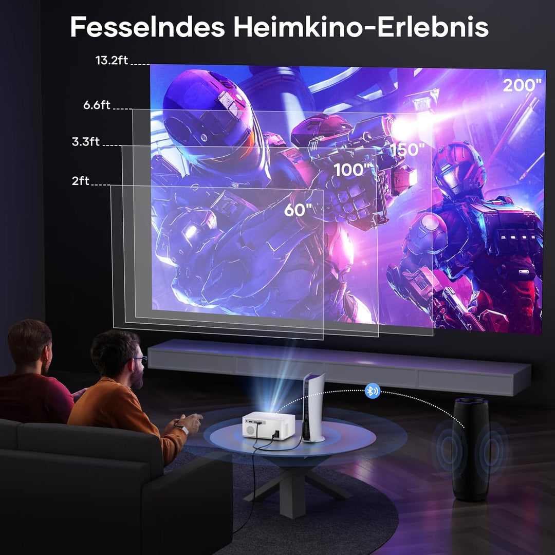 Mini Beamer Outdoor, Elektrischer Fokus 1080P FHD 300 ANSI Klein Tragbarer Beamer, 5G WiFi Bluetooth