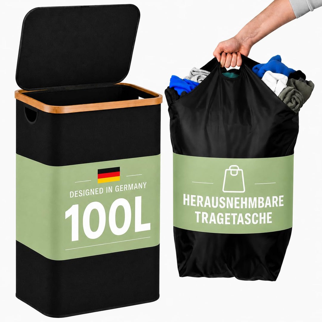 Wäschekorb mit Deckel 100l, Wäschesammler, Wäschebox, Wäschetonne, hoher Wäschekorb mit Bambusrahmen