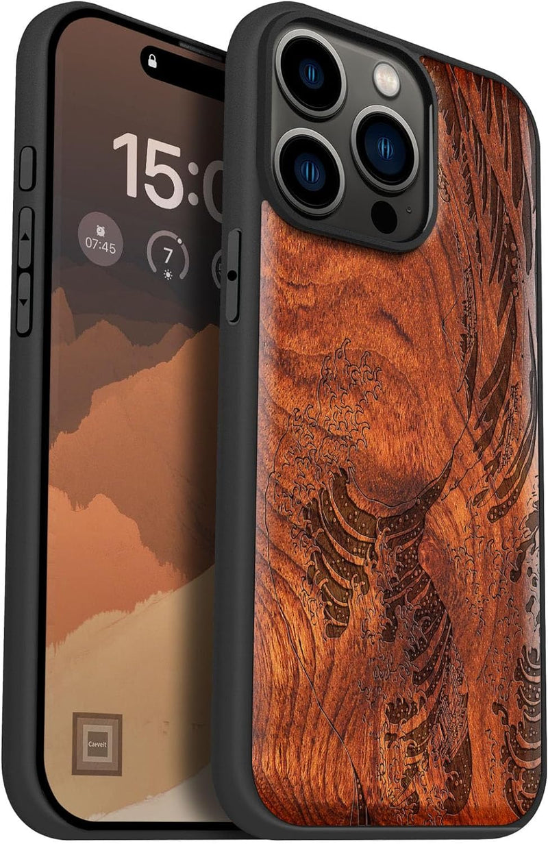 Carveit Handyhülle für iPhone 15 Pro Max Cover Kompatibel mit Magsafe [Holz und TPU Silikon Hybrid h