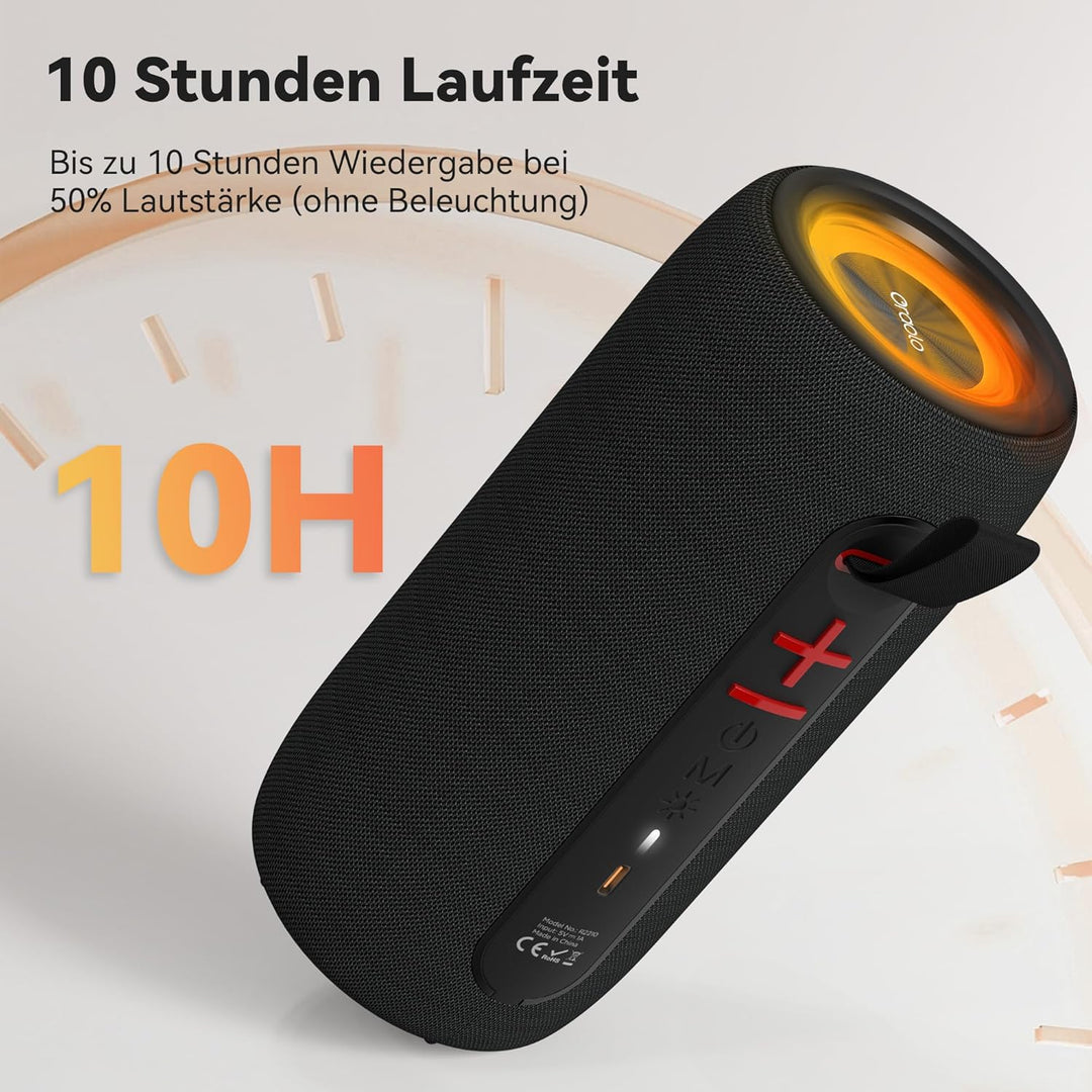 oraolo Bluetooth Lautsprecher, Speaker mit RGB Lichtshow, Musikbox Wasserdicht IPX6, 10 Stunden Akku