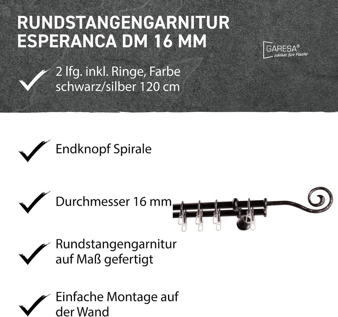 Garesa Gardinenstange Esperanca Ø 16mm, 2-läufig, Schwarz/Silber I Rustikale Vorhangstange inkl. Rin