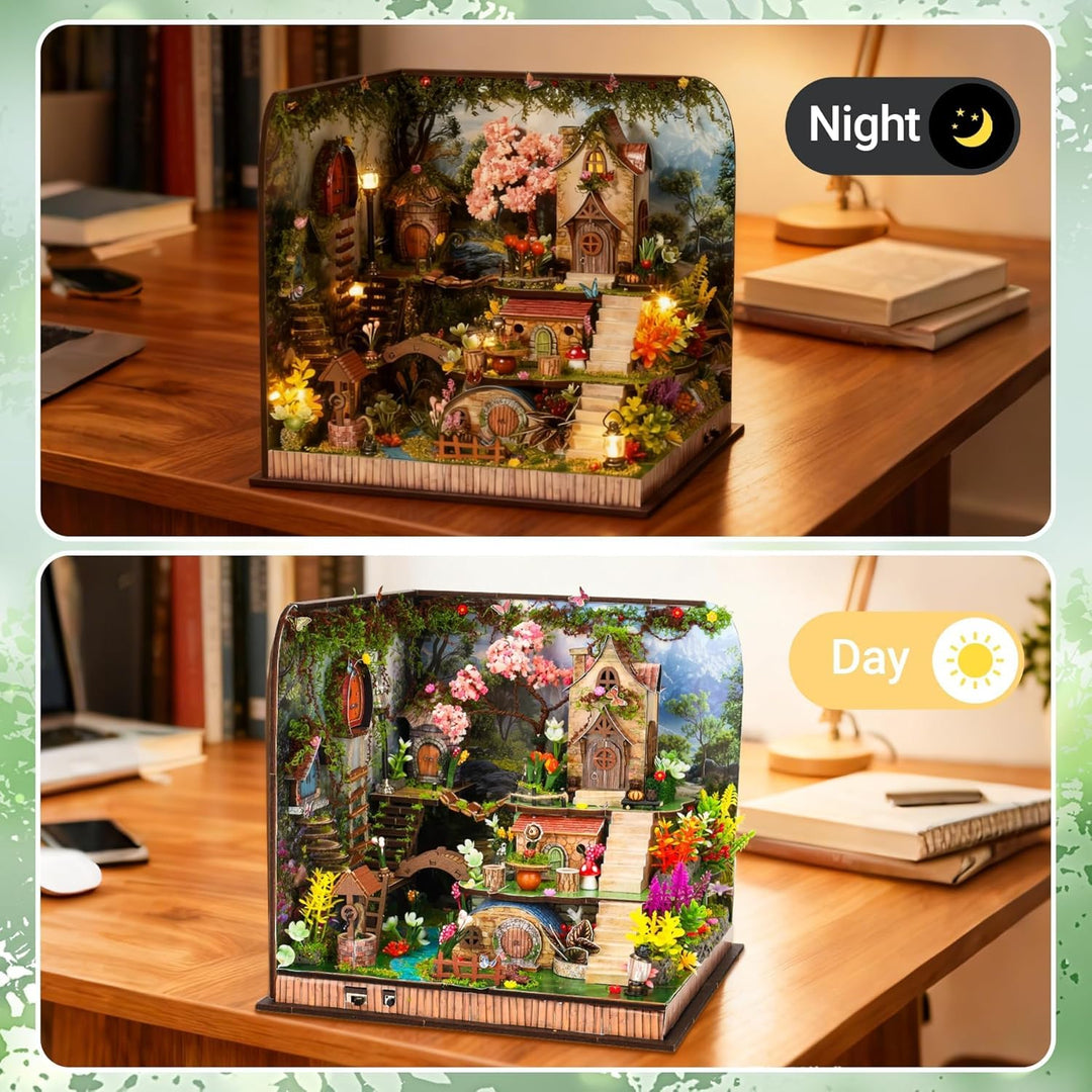 DIY Book Nook Kit, Puppenhäuser Miniatur Haus Kit mit Staubschutzhülle LED-Licht 3D Puzzle Aus Holz