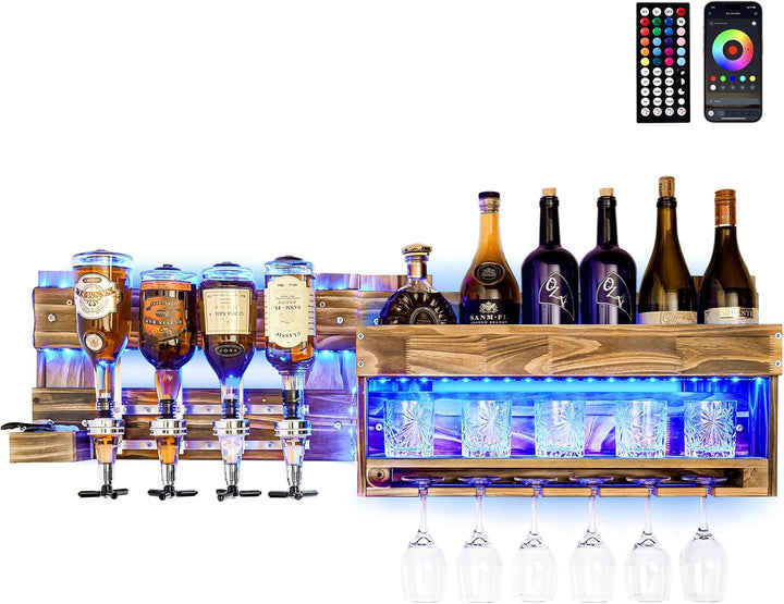Yorbay Weinregal Mit LED-Licht Palette beflammt Holz, Wandbar mit 4 Getränkespender Wand Flaschenhal