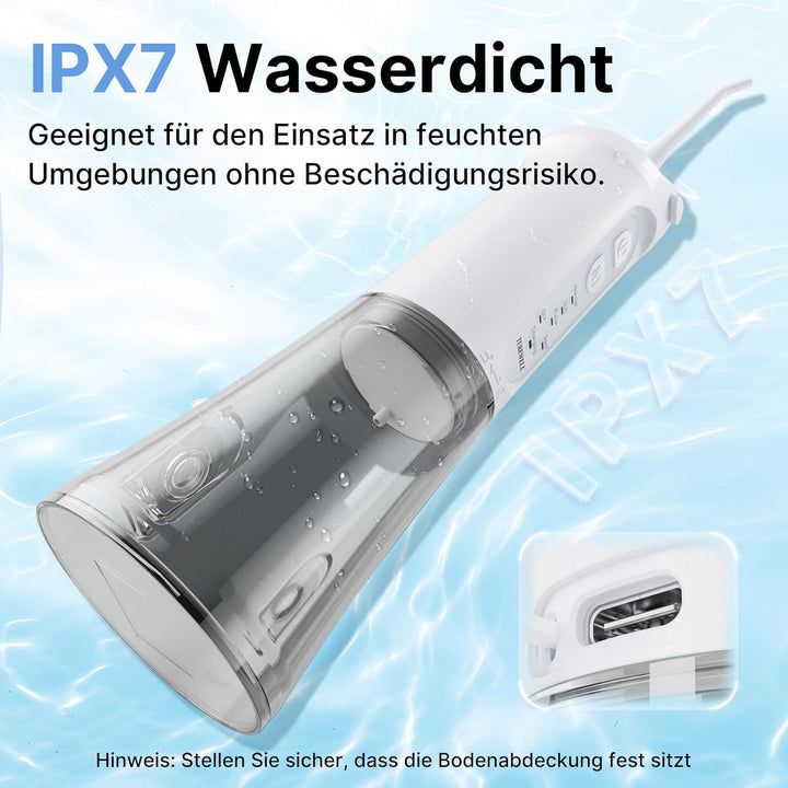 TUREWELL Munddusche Kabellos, Elektrische Zahnreiniger mit 5 Modi, 4 Düsen, 310ML Wassertank & IPX7