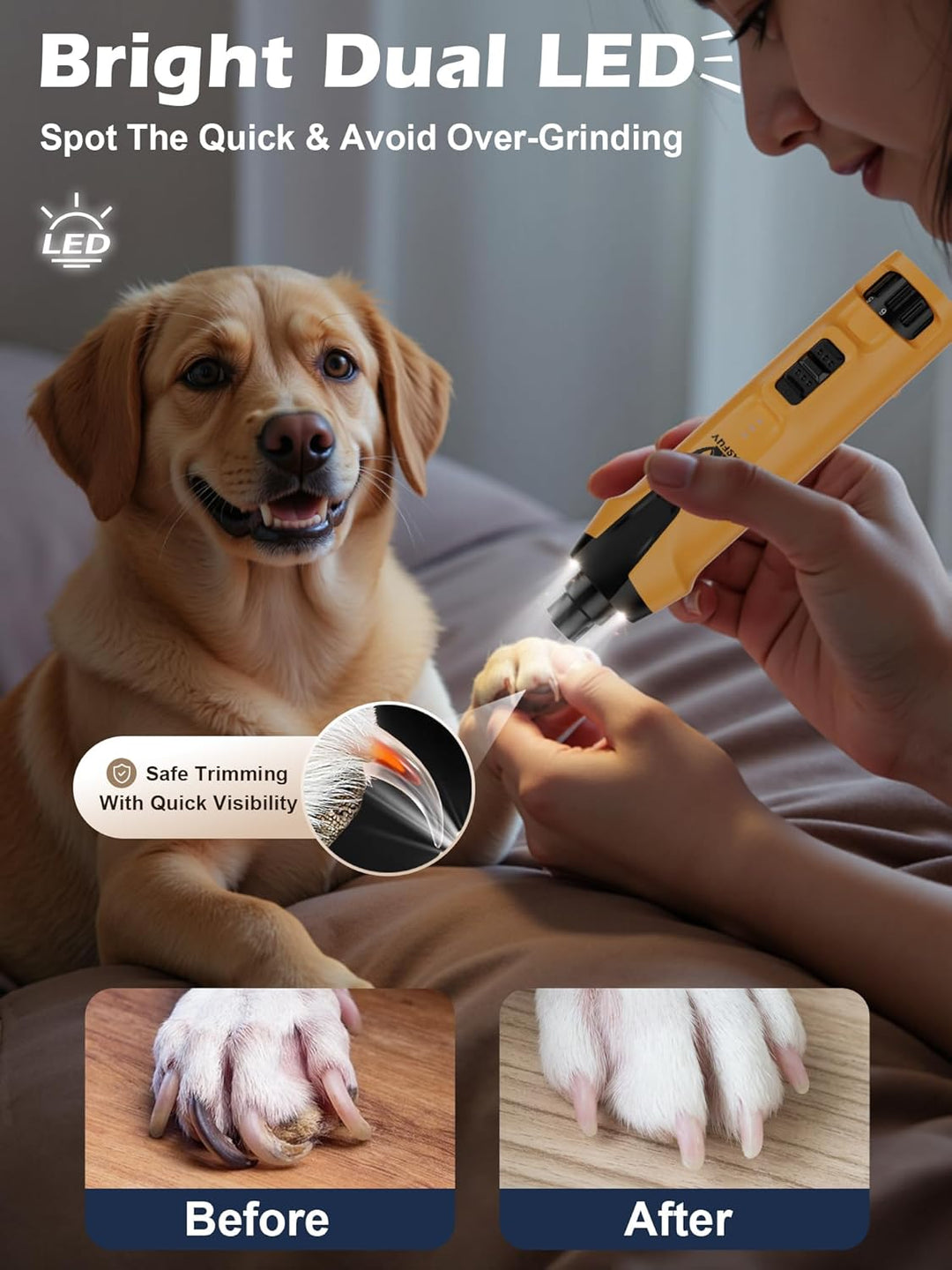 Casfuy 6-Gang-Hunde-Nagelschleifer - 50% Boosted Power Hund Nagelschneider Leise mit Dual-LED-Leucht