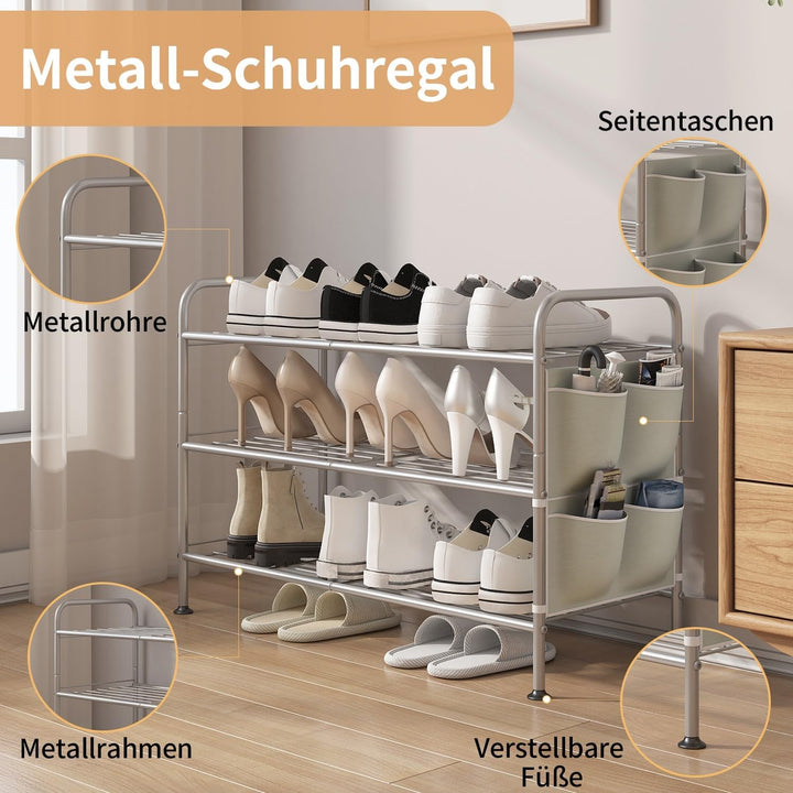Schuhregal 3 Ebenen Schuhaufbewahrung Organizer Metall mit Seitentaschen für Flur, Schlafzimmer (Gra