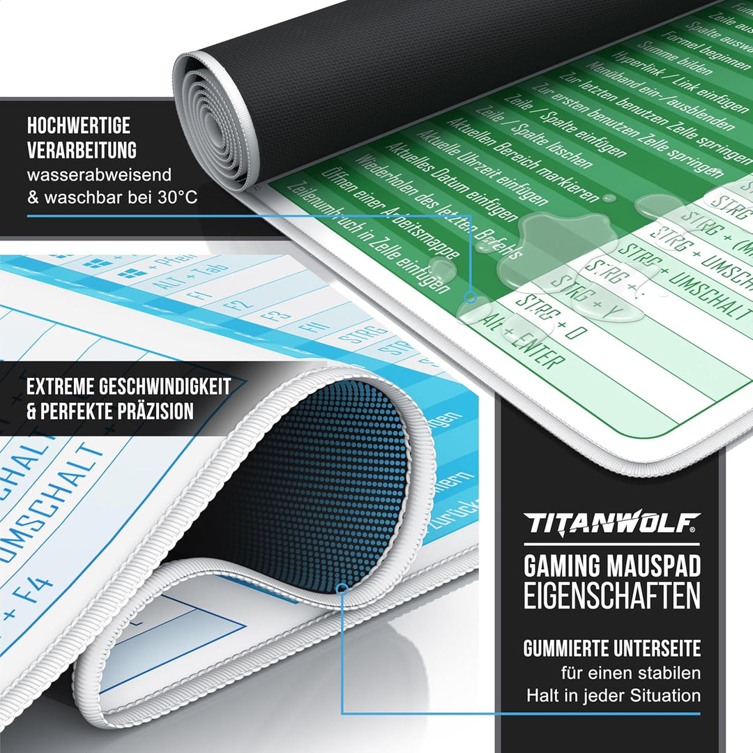 TITANWOLF - XXL Speed Gaming Mauspad 900 x 400mm - Excel Windows Outlook Word Shortcut Tastenkürzel