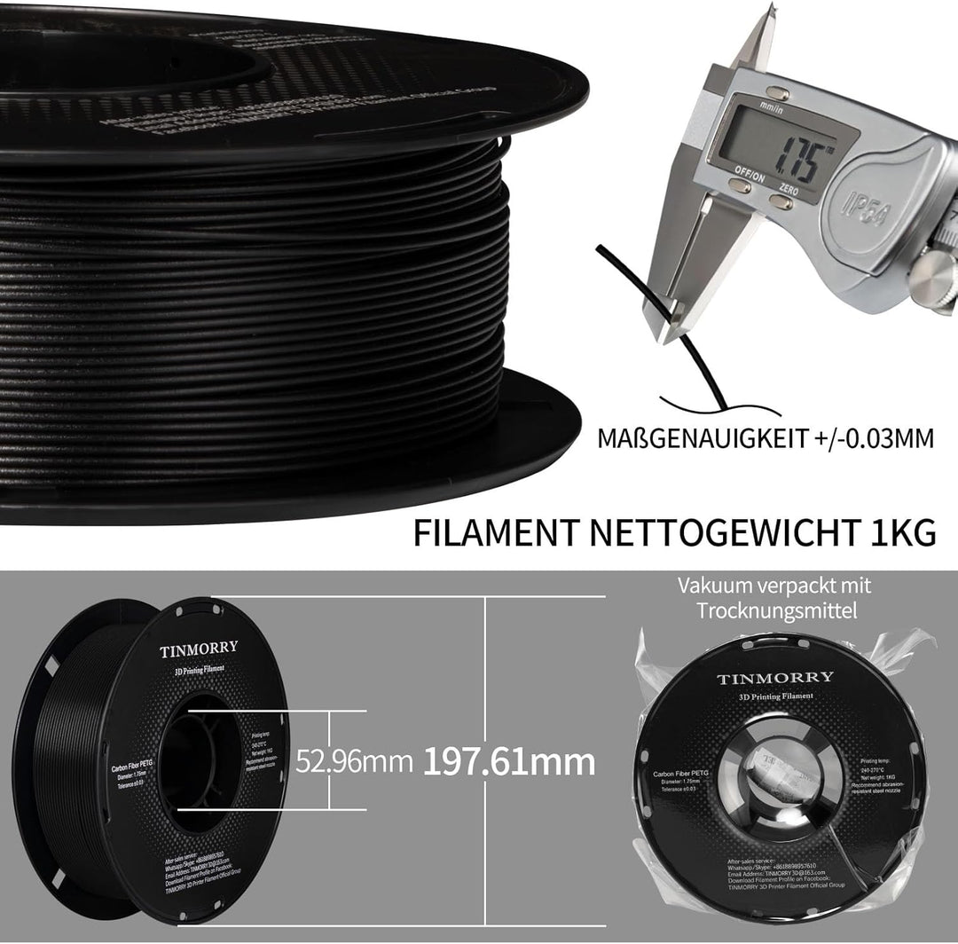 10 Rollen Carbon Fiber PETG Filament 1.75mm, TINMORRY PETG CF 3D Drucker Filament, 10 KG, Schwarz 10
