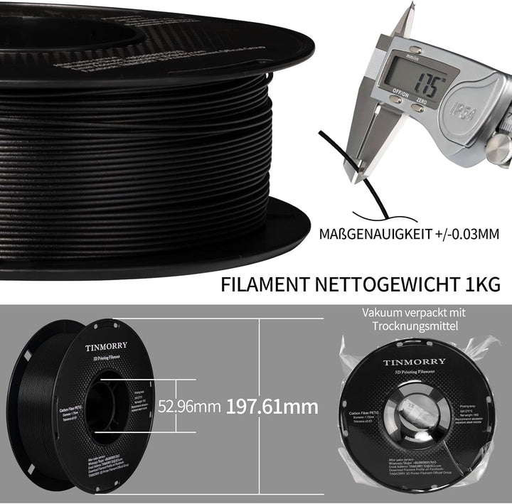10 Rollen Carbon Fiber PETG Filament 1.75mm, TINMORRY PETG CF 3D Drucker Filament, 10 KG, Schwarz 10