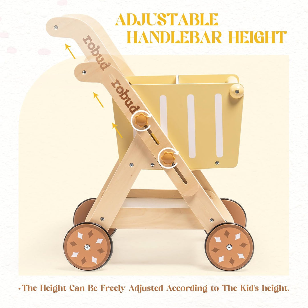 ROBUD Einkaufswagen aus Holz für Mädchen und Jungen, Baby Push Walker, höhenverstellbarer hölzerner
