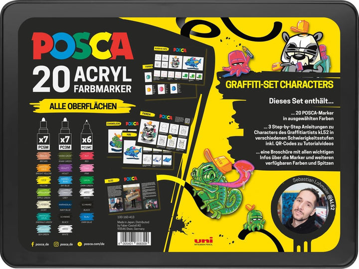 POSCA - Acrylmarker Set 20 Farben mit Metallkoffer & Anleitungen | Marker mit PC-1MC, PC-3M & PC-5M