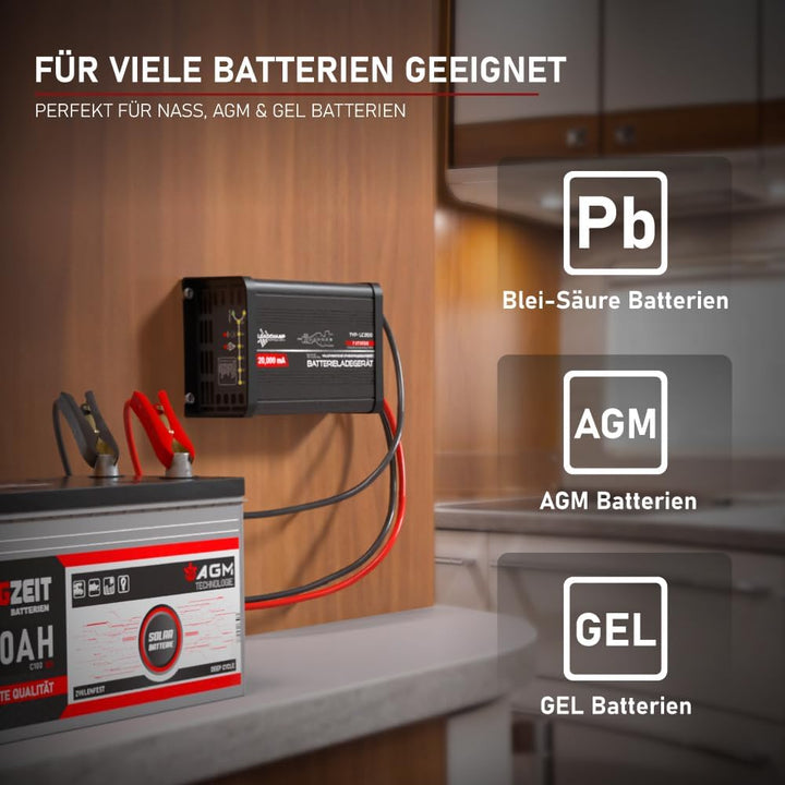 12V Ladegerät LC 20.0 Blei Säure AGM Gel Calcium Batterie Automatik Ladegerät Auto Solar 20Ampere IU