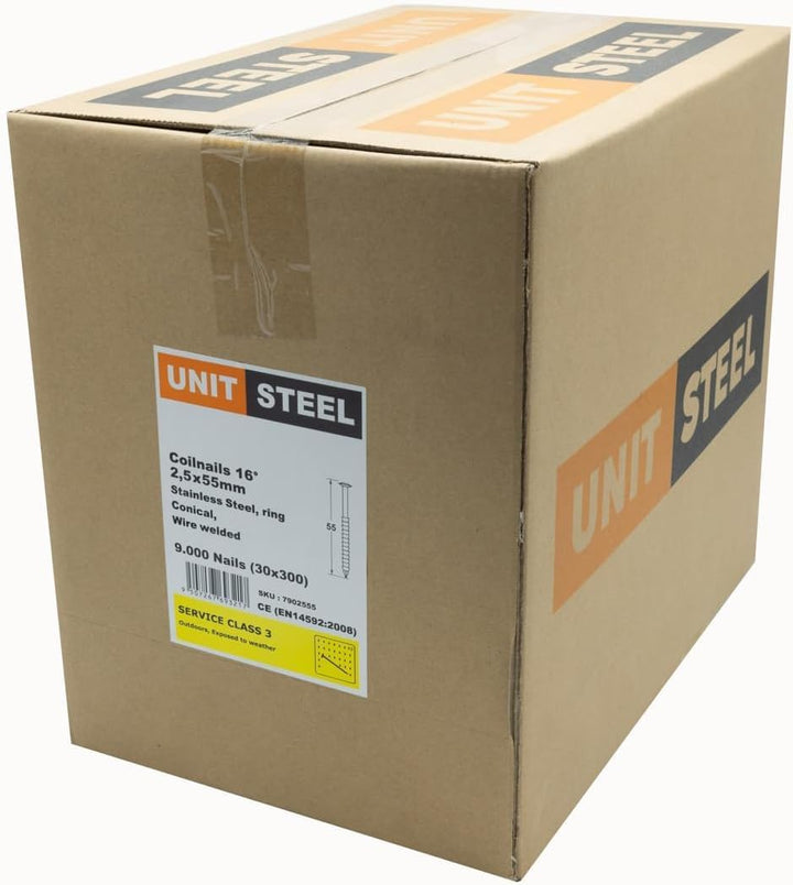 Coilnägel - 2,5x55mm, 9.000 Stück, Ringnägel für Druckluft-Nagler, Ring/Rostfrei Stahl/Linsenkopf, f