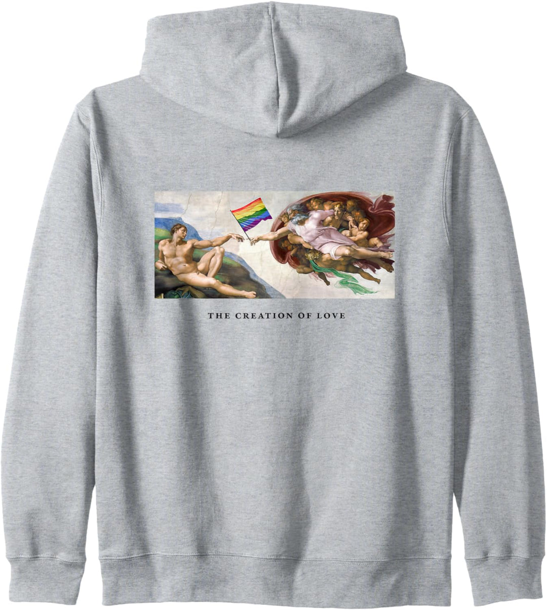 Michelangelo malt die Erschaffung Adams mit LGBTQ-Flagge Kapuzenjacke