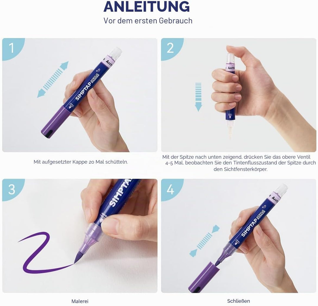 Arrtx Acrylstifte für Steine Bemalen, 24 Farben Simptap Top Valve Action Acrylmarker, Pinselspitze A