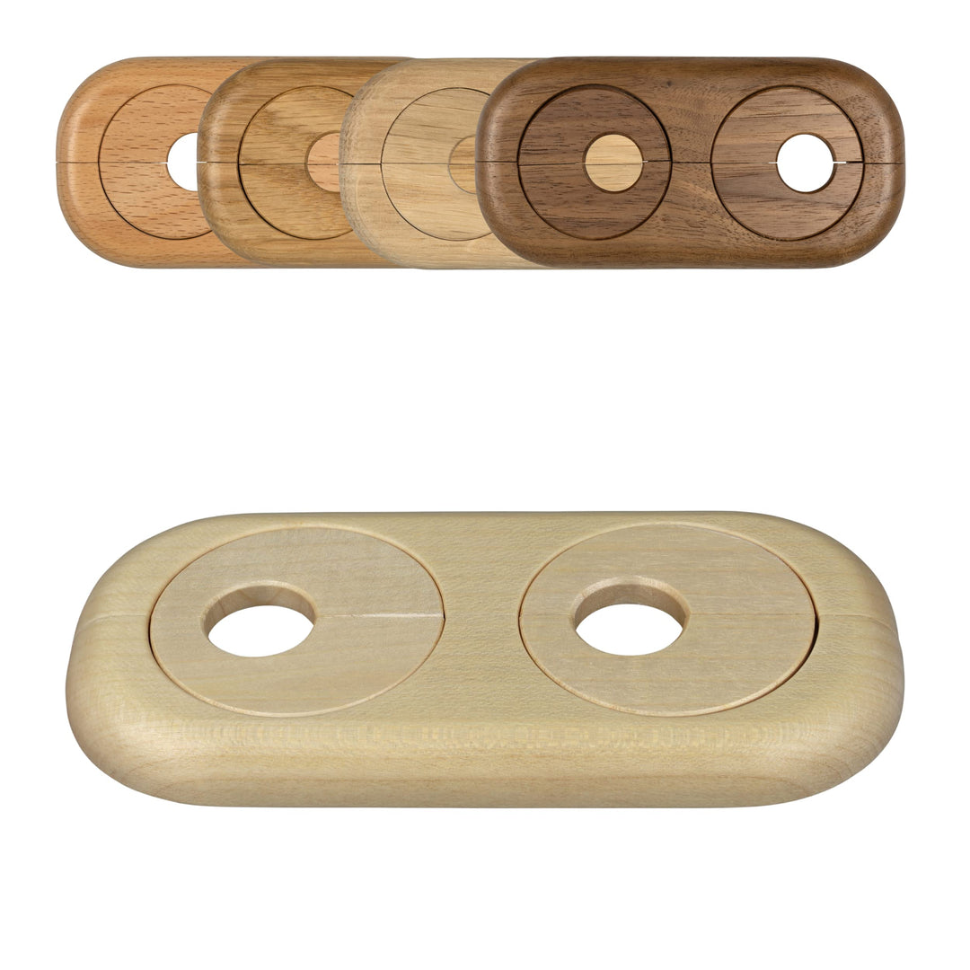 3 Stück Doppel Heizungsrohr Rosette, Rohrabstand variabel, verschiedene Echthölzer und Grössen, Rohr