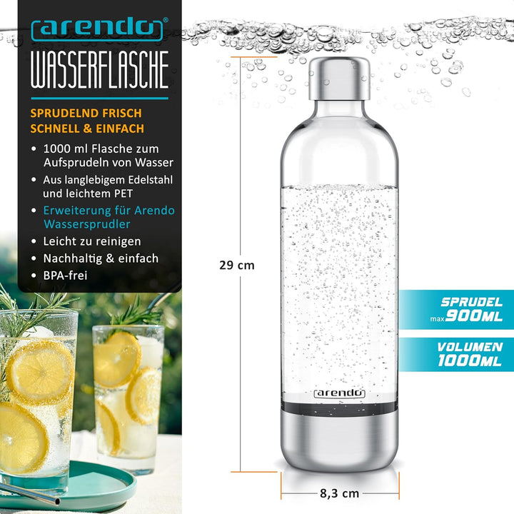 Arendo - Wassersprudler 1000 ml Wasserflasche BPA frei – Edelstahl und PET – mit Skalierung - Ersatz