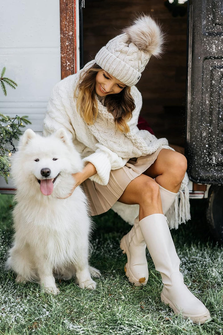 ELIMELI® Winter Mütze Damenmütze mit Fell-Bommel Fleece Innenfutter gefüttert - warme Damen Bommelmü
